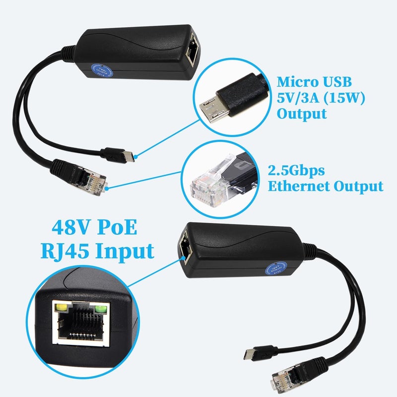 REVODATA 2.5G Micro USB PoE Splitter 5V/3A, PoE to Micro USB 5V/3A 15W Output, 2.5Gbps Ethernet Comply IEEE802.3af/at, Plug and Play for Smart Home - Image 2